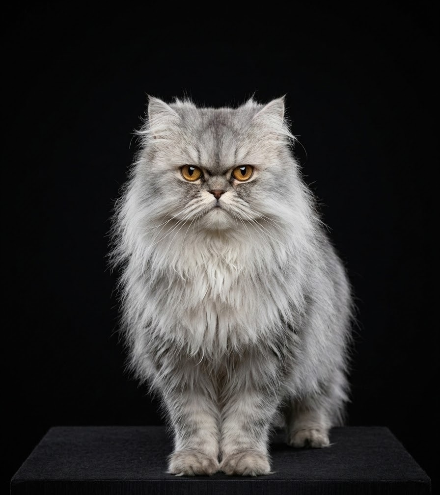 Felix the Persian cat with silver fur and amber eyes